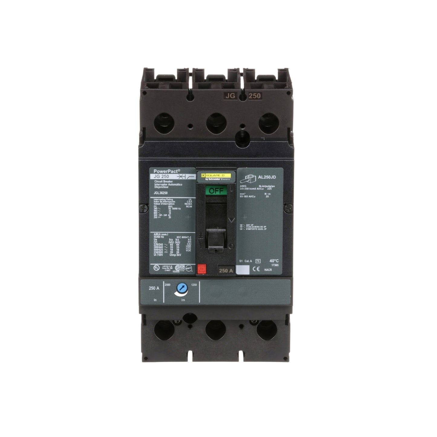 Interruptor Termomagnético Powerpact J, de 250A, 3 Polos, 18 kA a 600V, Zapatas Schneider Electric JGL36250
