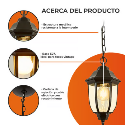 Lámpara de Techo Colgante tipo Farol para Exterior base E27 60W Negro Tecnolite
