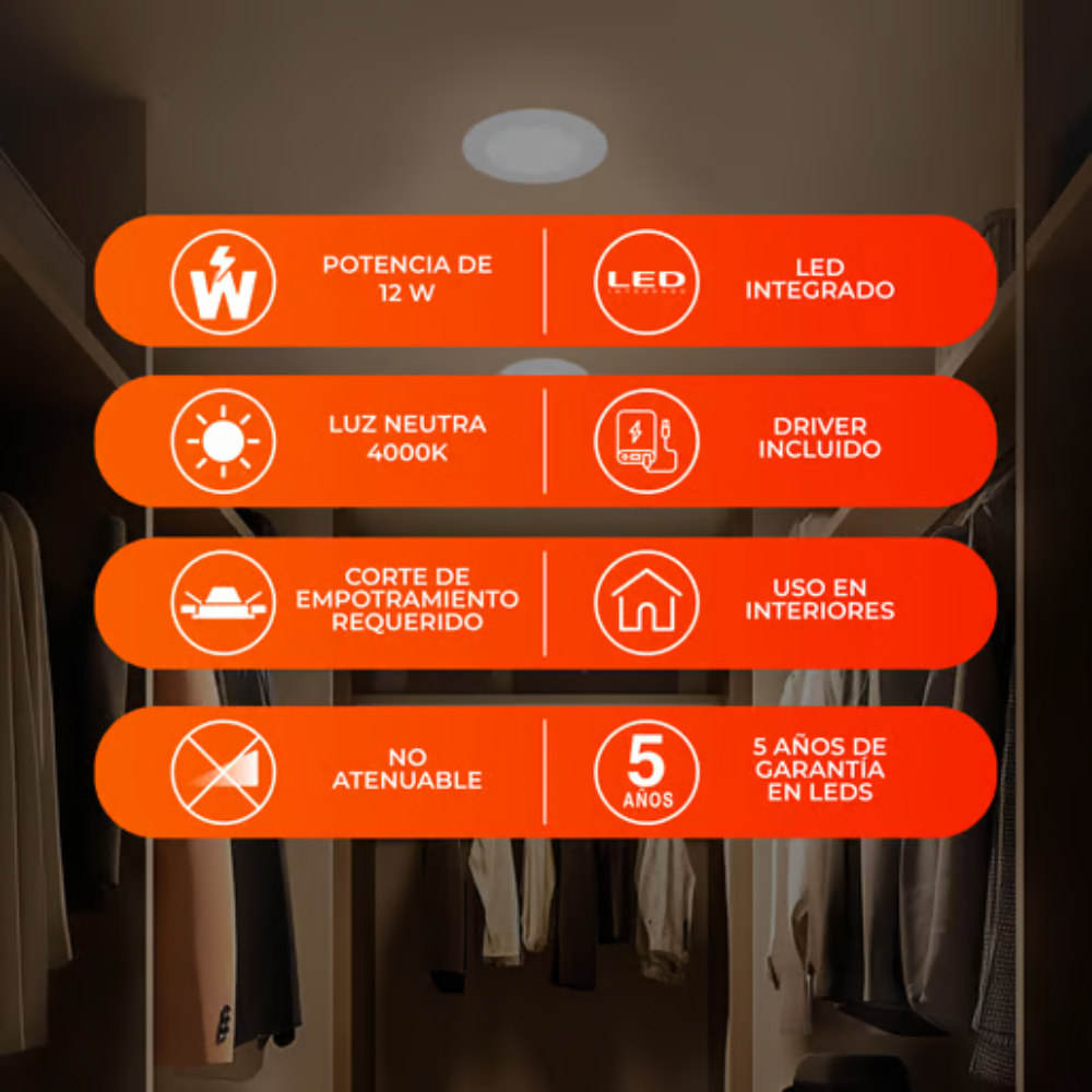 Lámpara de Techo LED Empotrable para Interior Luz Neutra 12W Blanco Tecnolite