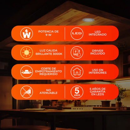 Lámpara de Techo LED Empotrable para Interior Luz Cálida 9W Tecnolite