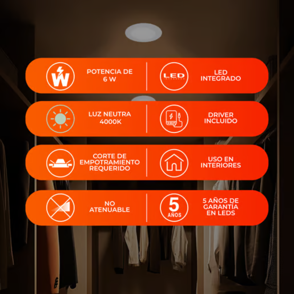 Lámpara de techo LED Empotrable para interior Luz Neutra 6W  Blanco Tecnolite