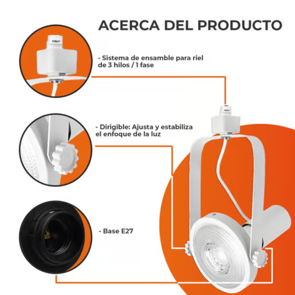 Lámpara para riel tipo spot dirigible E27 18W Blanco Bellizi Tecnolite