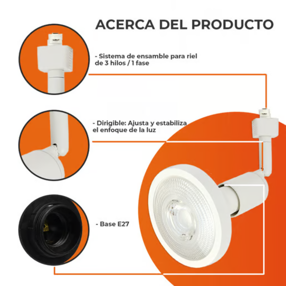 Lámpara para riel tipo spot dirigible E27 PAR38 Blanco Tecnolite