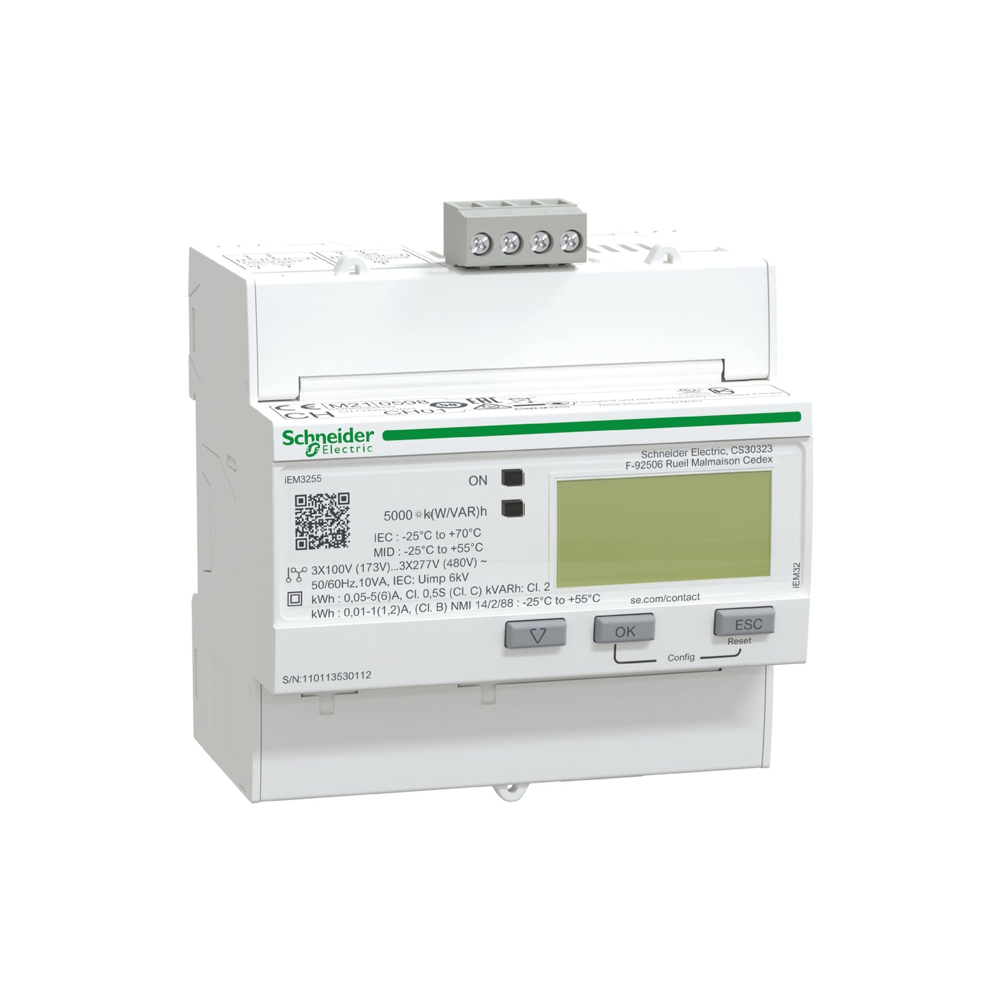 Medidor de Energía ACTI9 Iem, IEM3255 Kwh E y P Act y React 4tar, Alm Sobr, Cont Hor, MID, Com Modbus486 Schneider Electric A9MEM3255