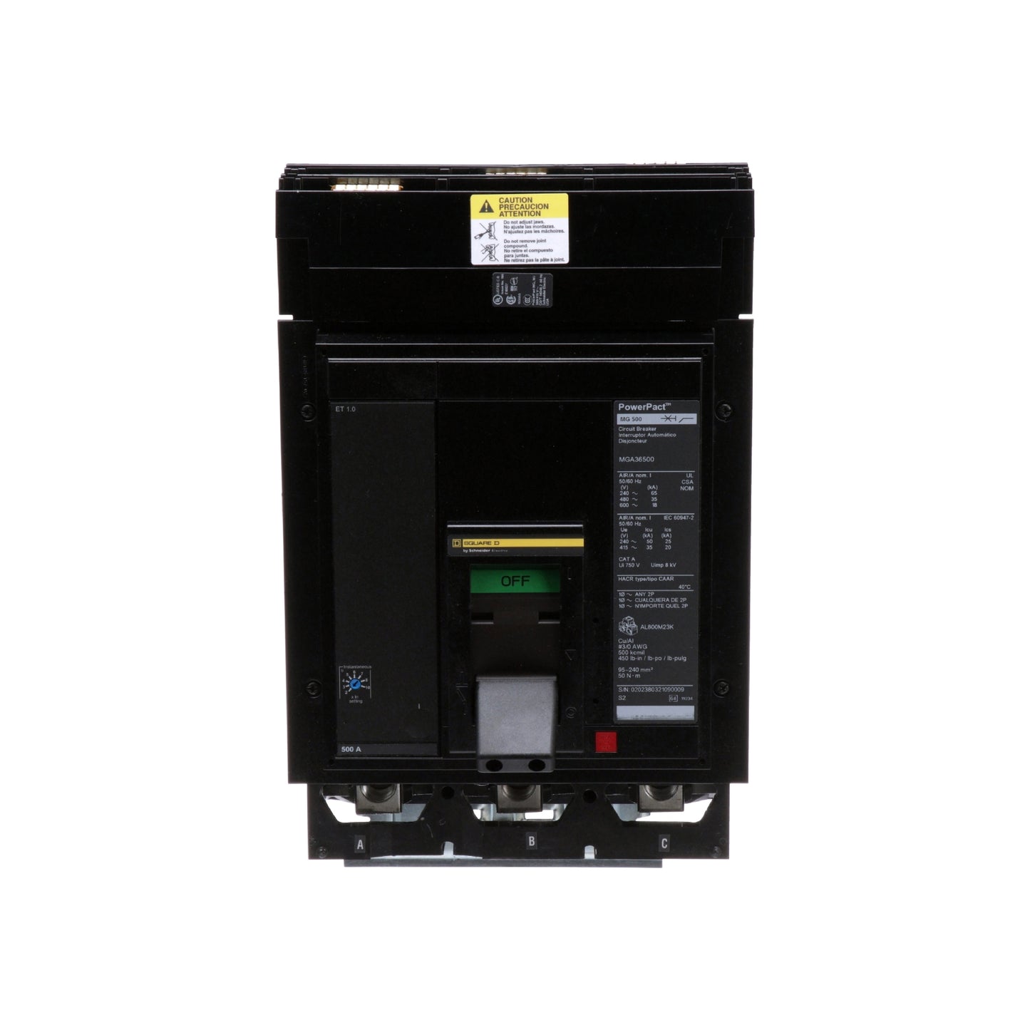 Interruptor Electrónico Powerpact M, de 500A, 3 Polos, 18 kA a 600V, I-Line, Et1.0 Schneider Electric MGA36500