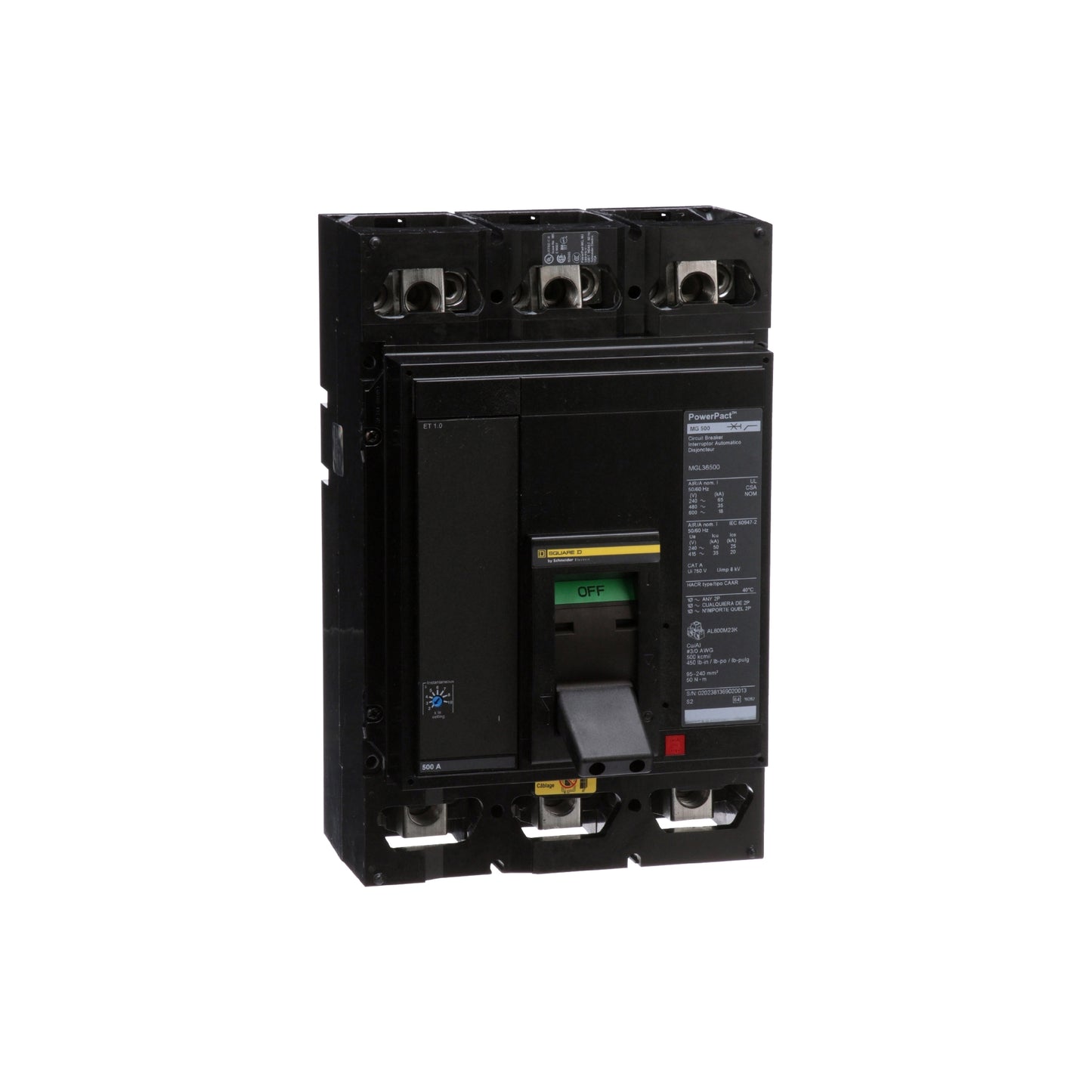 Interruptor Electrónico Powerpact M, de 500A, 3 Polos, 18 kA a 600V, Zapatas, Et1.0 Schneider Electric MGL36500