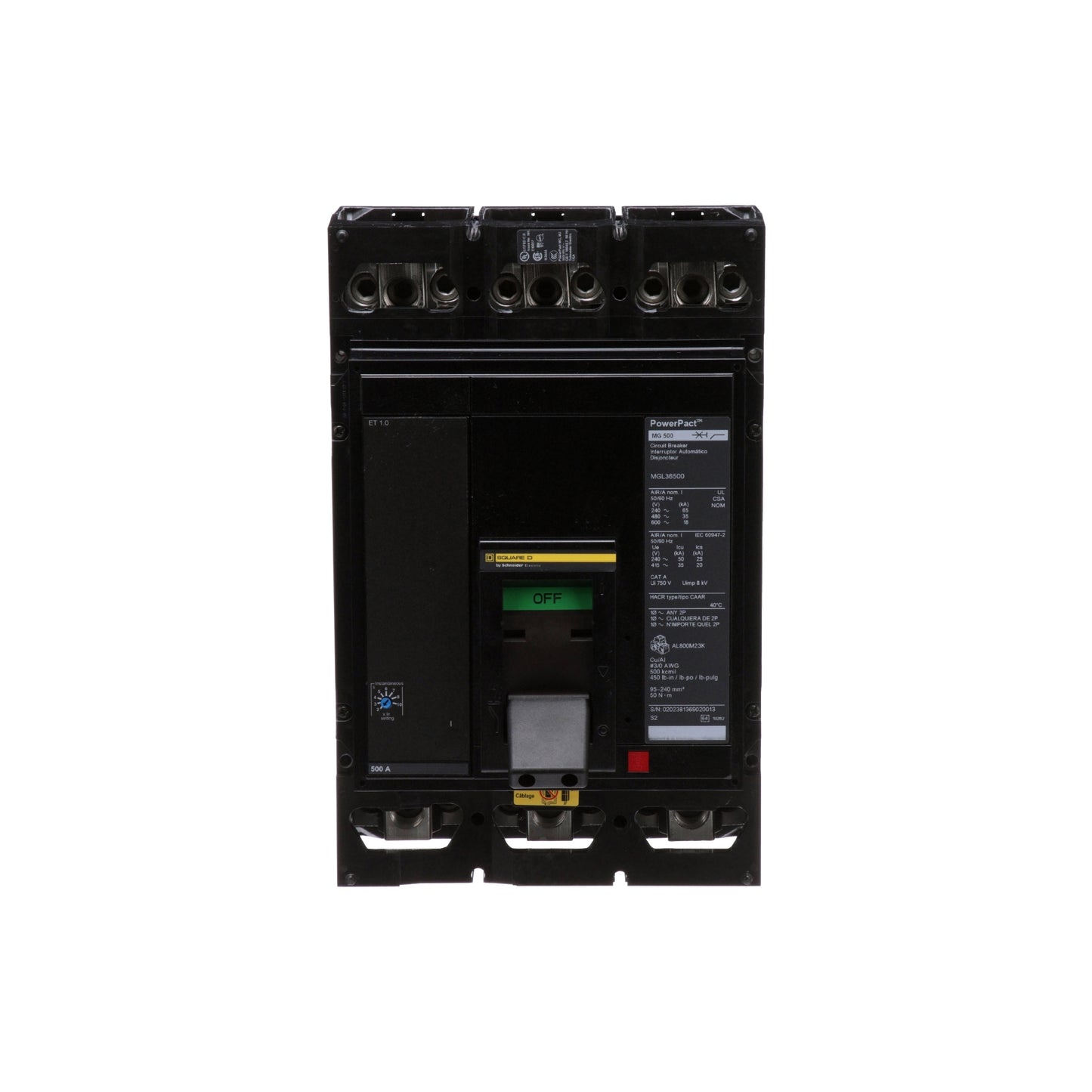 Interruptor Electrónico Powerpact M, de 500A, 3 Polos, 18 kA a 600V, Zapatas, Et1.0 Schneider Electric MGL36500