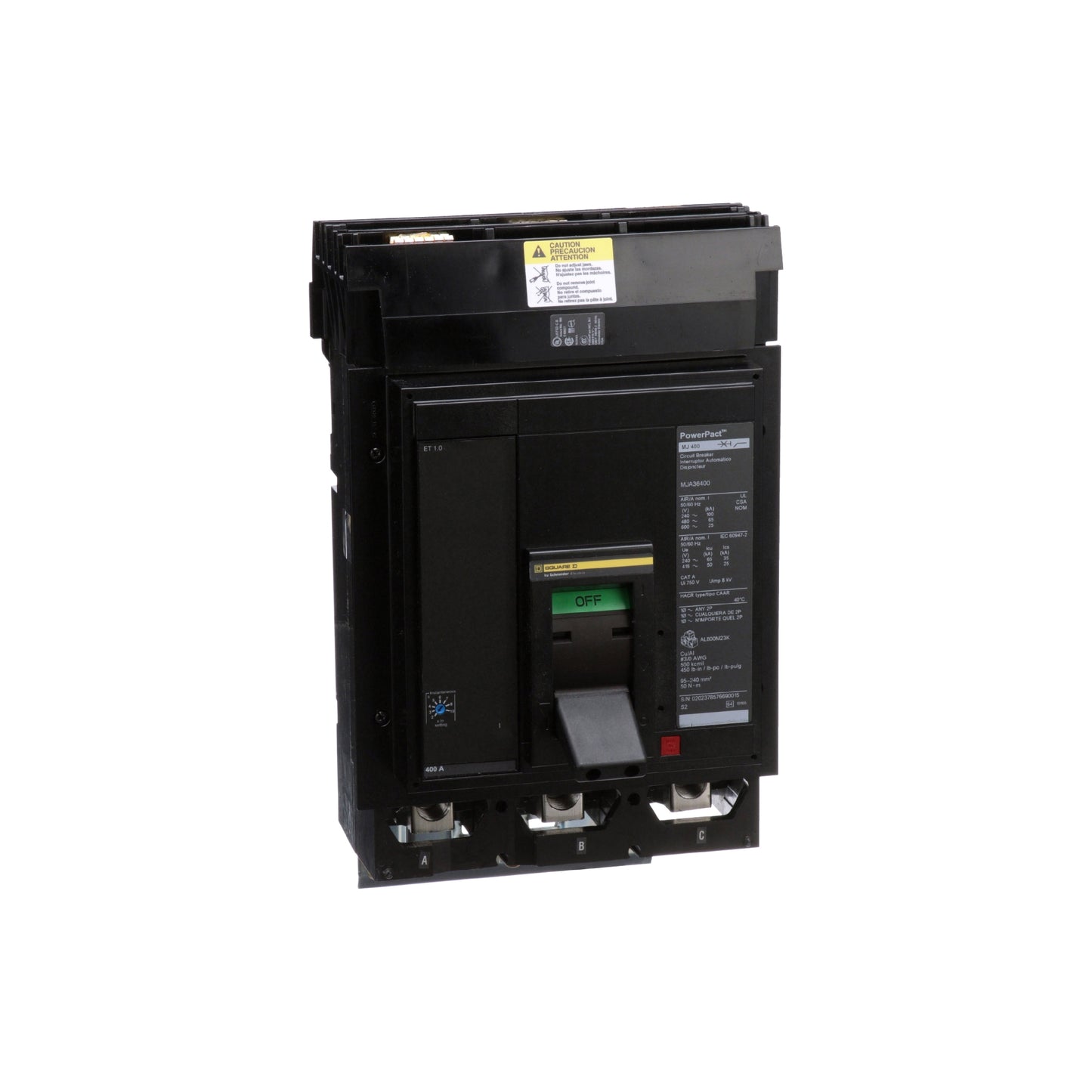 Interruptor Electrónico Powerpact M, de 400A, 3 Polos, 25 kA a 600V, I-Line, Et1.0 Schneider Electric MJA36400
