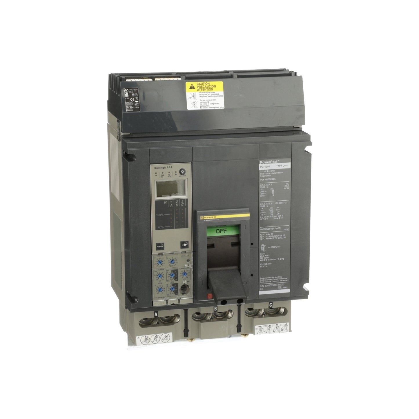 Interruptor Electrónico Powerpact P, de 1200A, 3 Polos, 18 kA a 600V, I-Line, 6.0A Schneider Electric PGA36120U44A