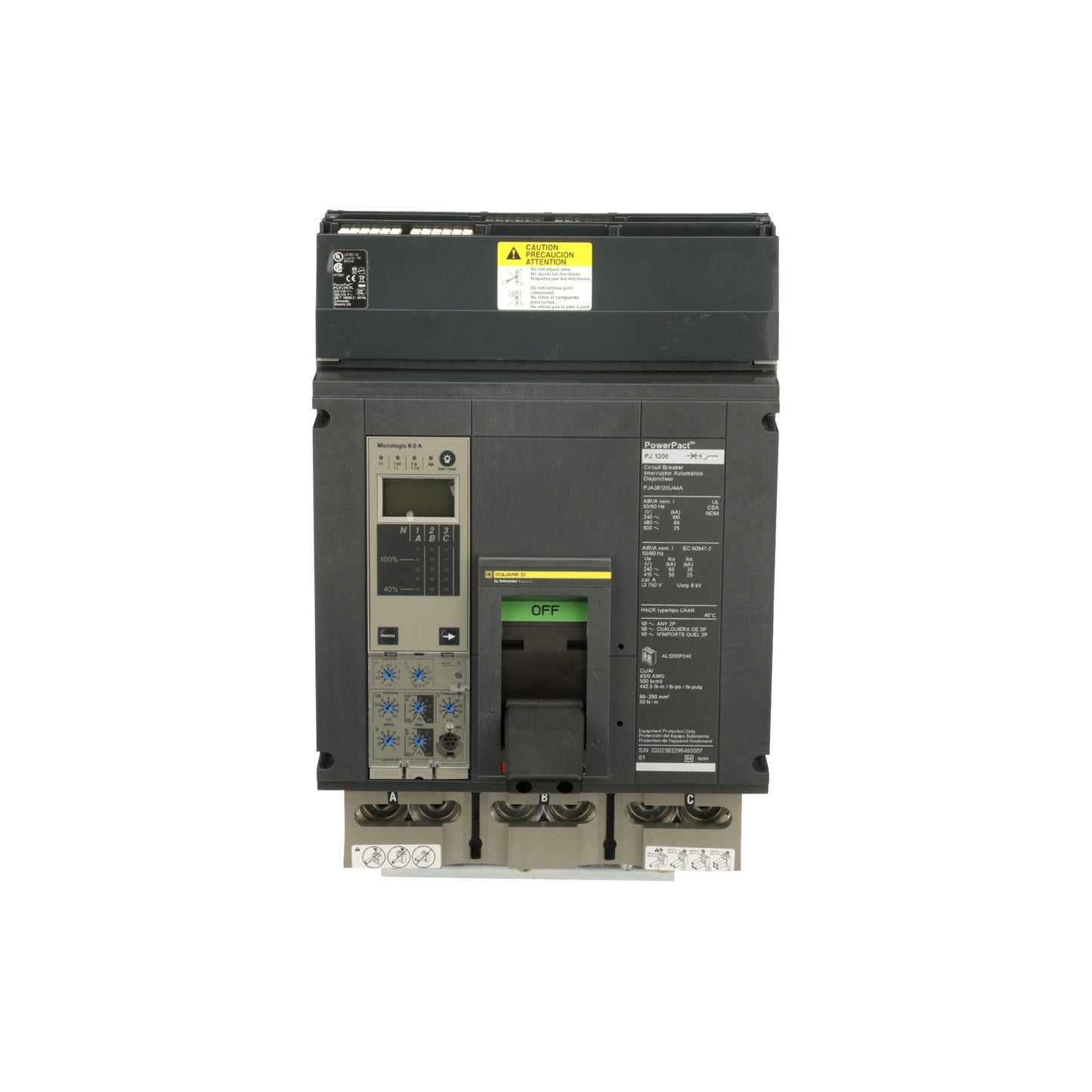 Interruptor Electrónico Powerpact P, de 1200A, 3 Polos, 25 kA a 600V, I-Line, 6.0A Schneider Electric PJA36120U44A