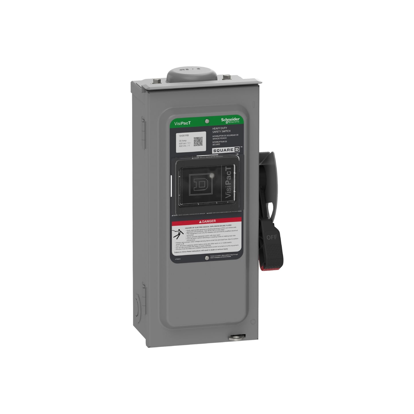 Interruptor de Seguridad, Uso Pesado, con Fusible, Ventana de Visualización, NEMA 3R, 600 V, 30 A, 3 Polos Schneider Electric VH361RB