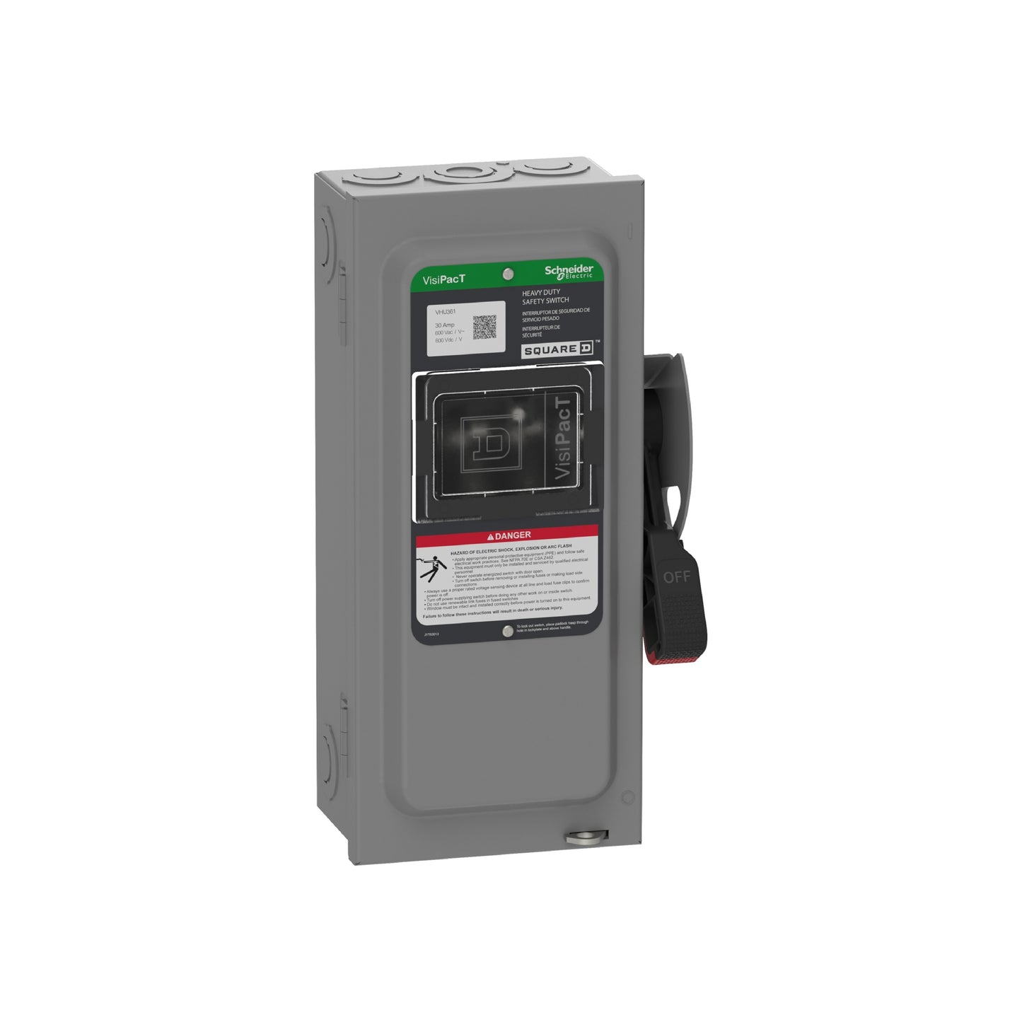 Interruptor de Seguridad, Uso Pesado, sin Fusibles, Ventana de Visualización, NEMA 1,600 V, 30 A, 3 Polos Schneider Electric VHU361