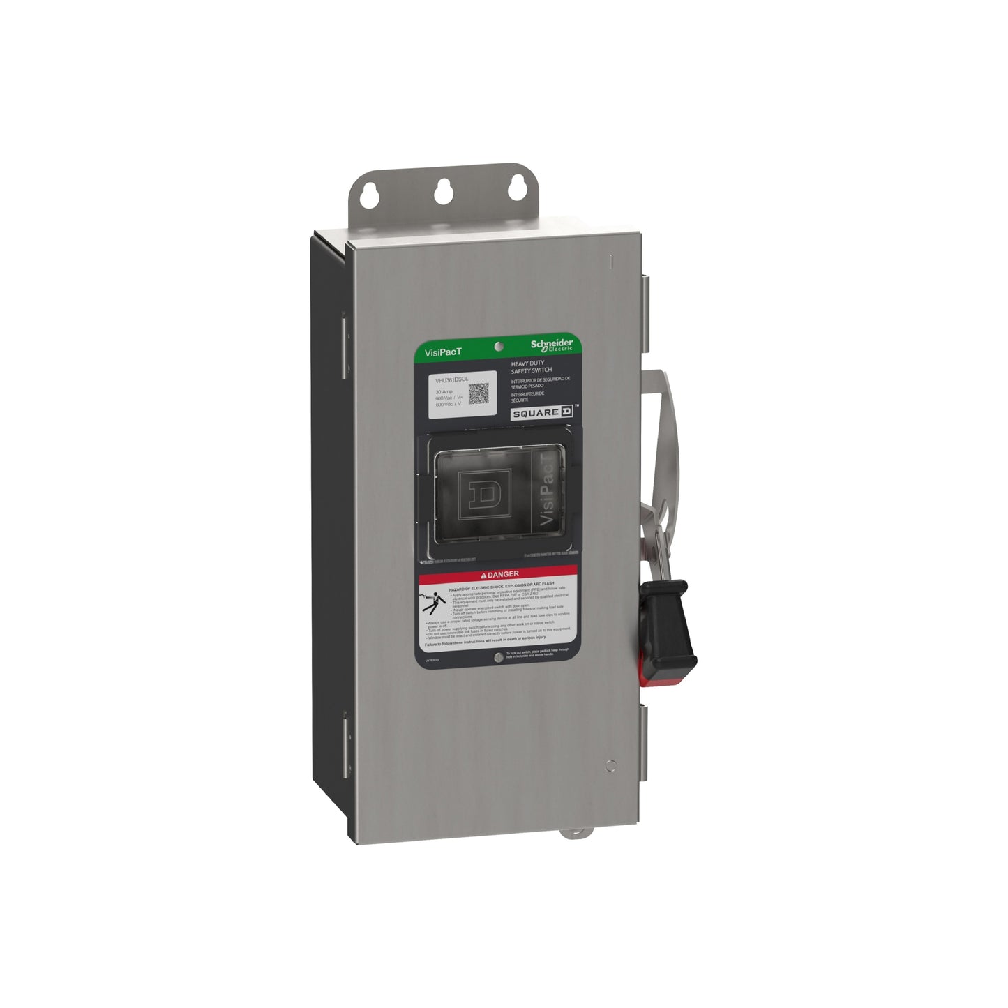 Interruptor de Seguridad, Uso Pesado, sin Fusibles, Ventana de Visualización, NEMA 4x, 600 V, 30 A, 3 Polos, Terminales de Conexión a Tierra Schneider Electric VHU361DSGL