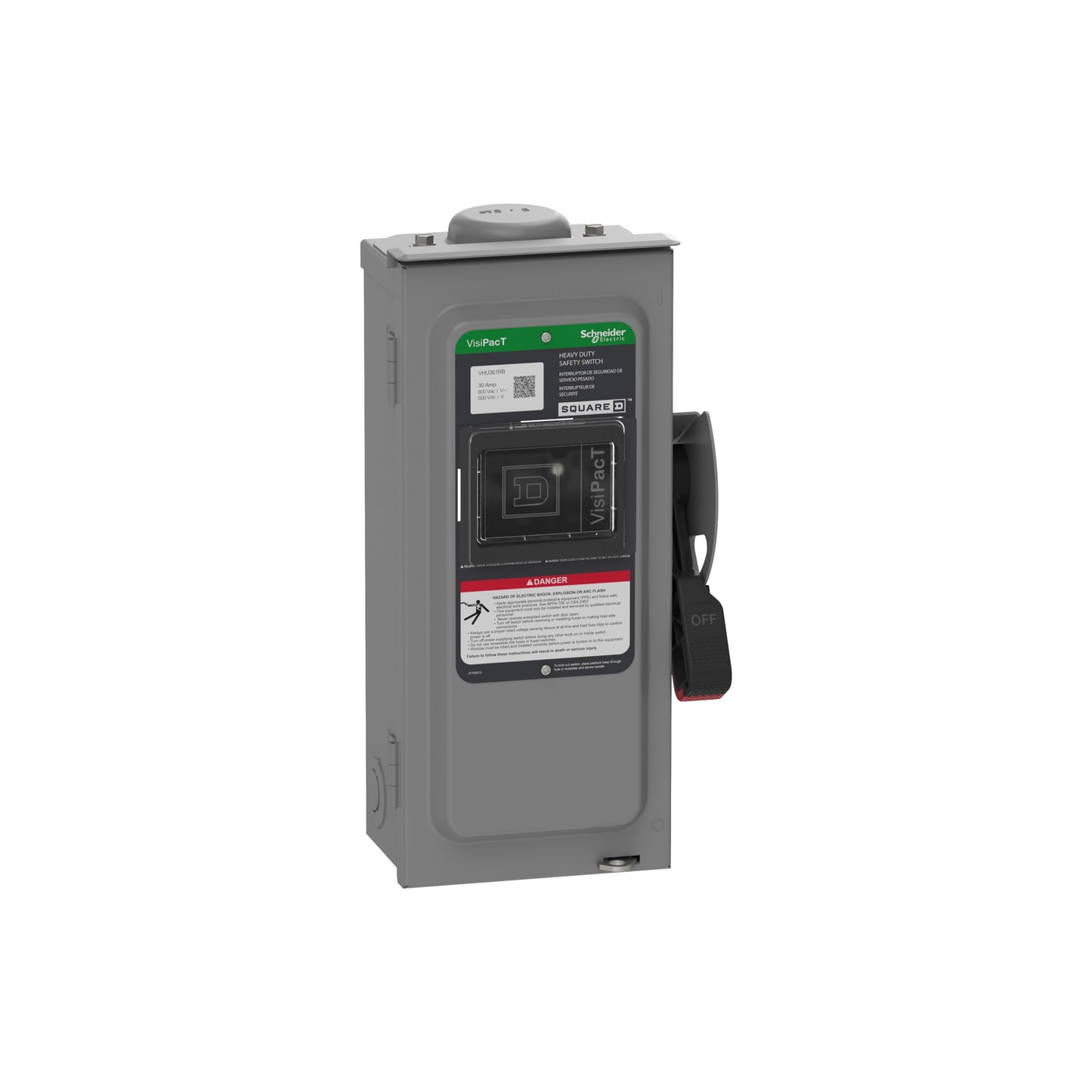 Interruptor de Seguridad, Uso Pesado, sin Fusibles, Ventana de Visualización, NEMA 3R, 600 V, 30 A, 3 Polos Schneider Electric VHU361RB