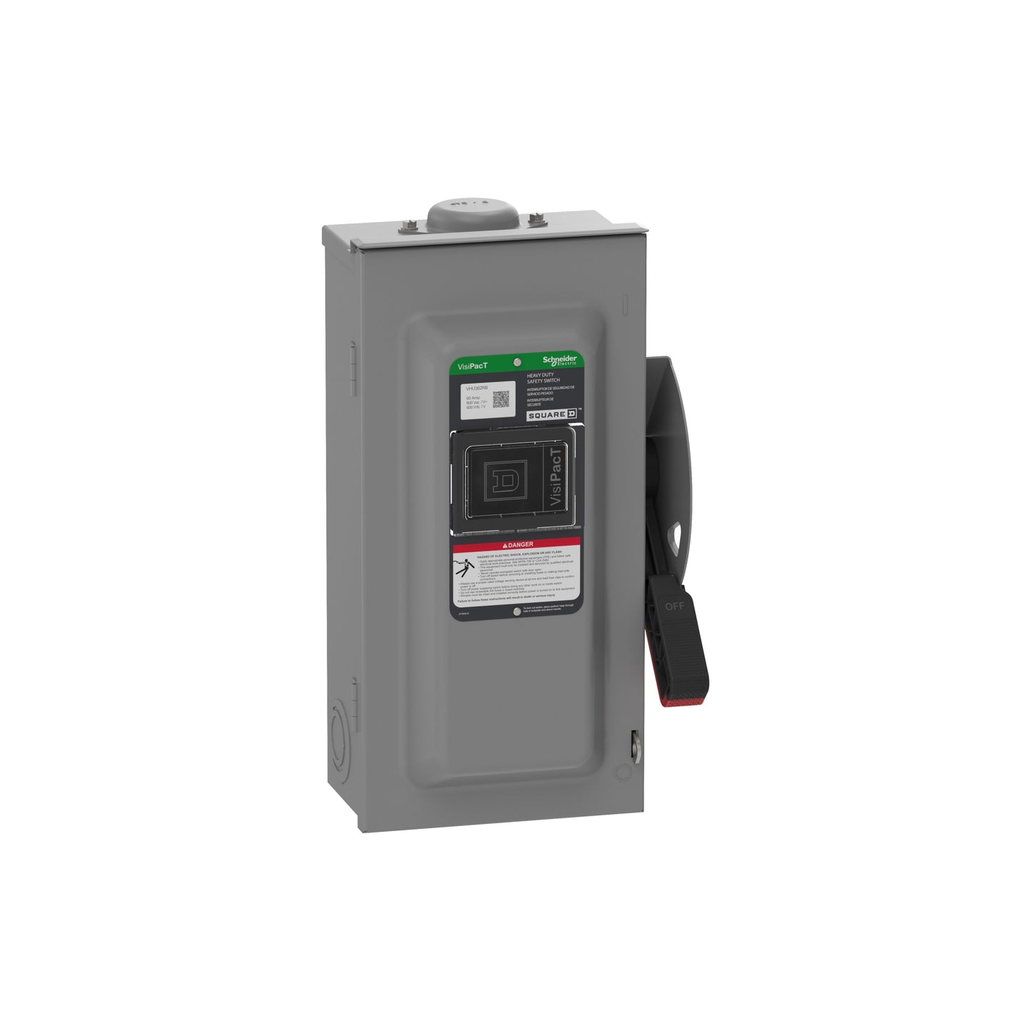 Interruptor de Seguridad, Uso Pesado, sin Fusibles, Ventana de Visualización, NEMA 3R, 600 V, 60 A, 3 Polos Schneider Electric VHU362RB