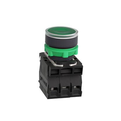 Pulsador Verde Luminoso Ø 22-Retorno Resorte Nivelado-24 V-1 Na + 1 NC Schneider Electric XB5AW33B5